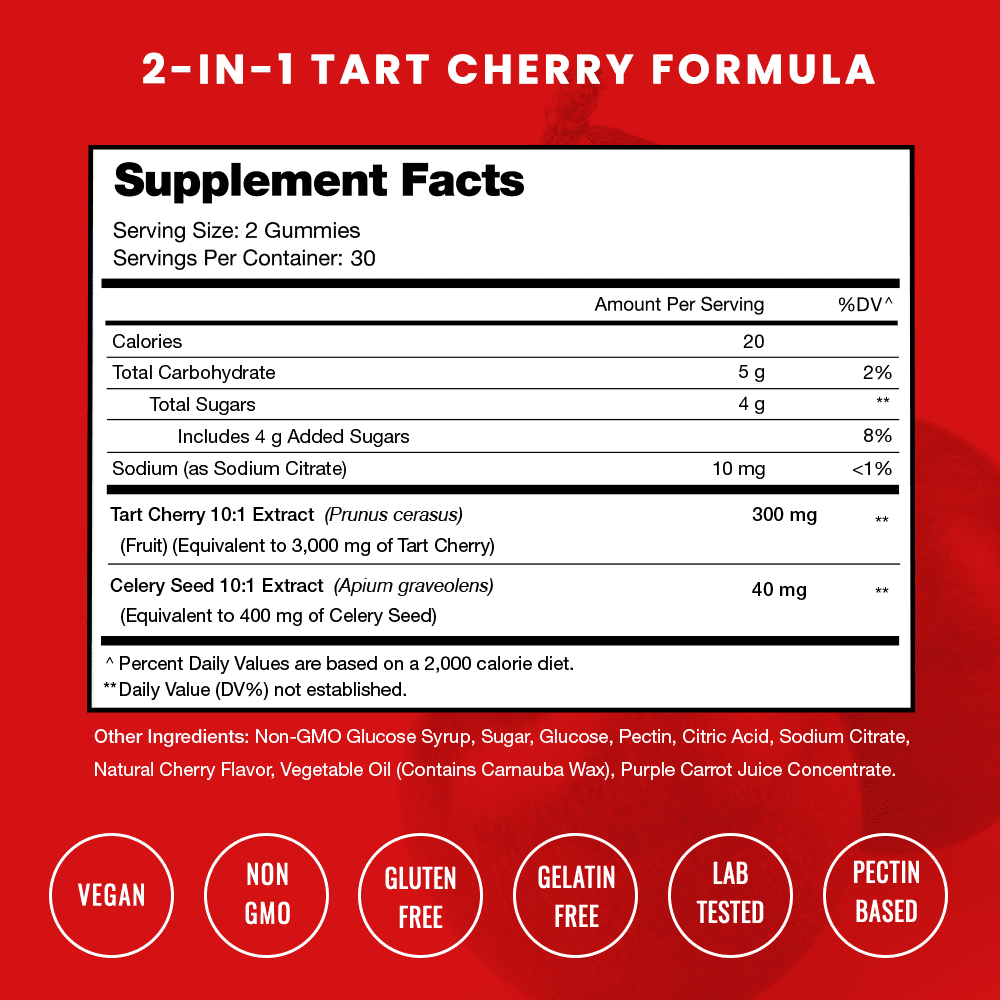 NutraChamps Tart Cherry Gummies - 2 Pack - 3000mg Supplement with Celery Seed Extract - Vegan Tart Cherry Concentrate Gummy Vitamin - 120 Count