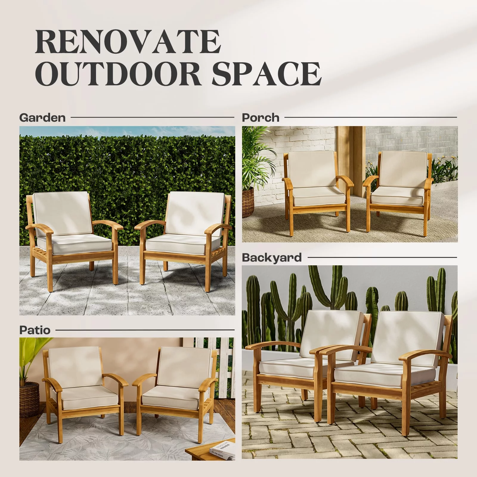 AILE Premium Acacia Patio Wood Club Chairs Set of 2, Teak Finish Furniture Sets with Thick Cushion