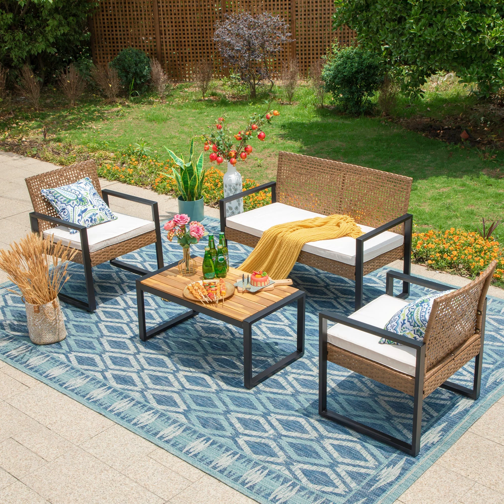MF Studio 4-Piece Outdoor Conversation Set, All Weather Wicker & Steel Frame, Yellow & Black