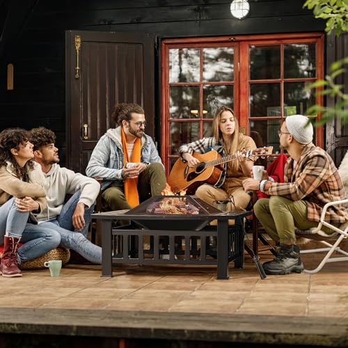 Devoko Outdoor Fire Pit, 32 Inch Firepit Table Metal Outdoor Fireplaces with Waterproof Cover for Outside Patio Camping (Black)