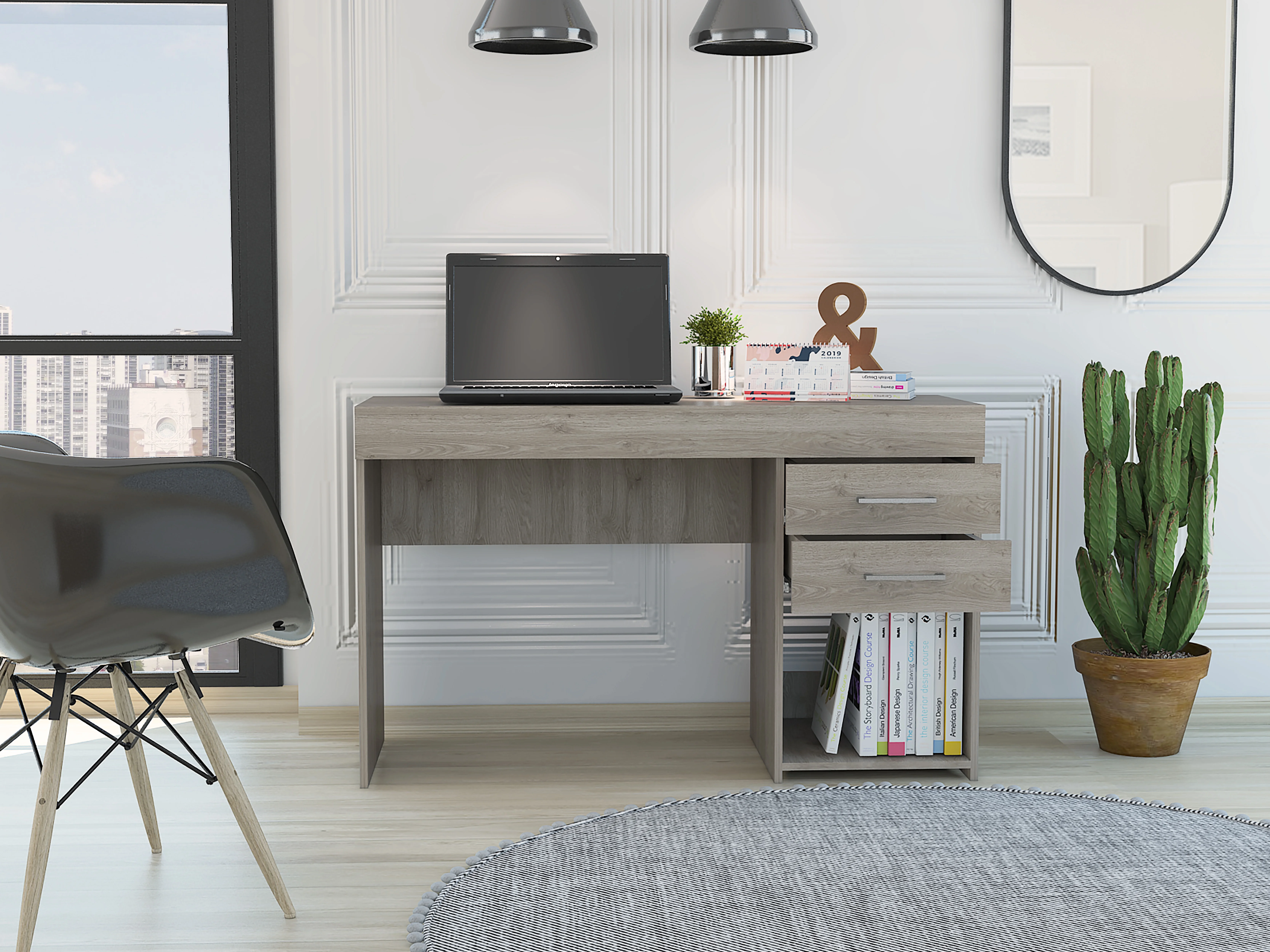 Ibare Two Drawer Computer Desk, One Lower Shelf -Light Gray