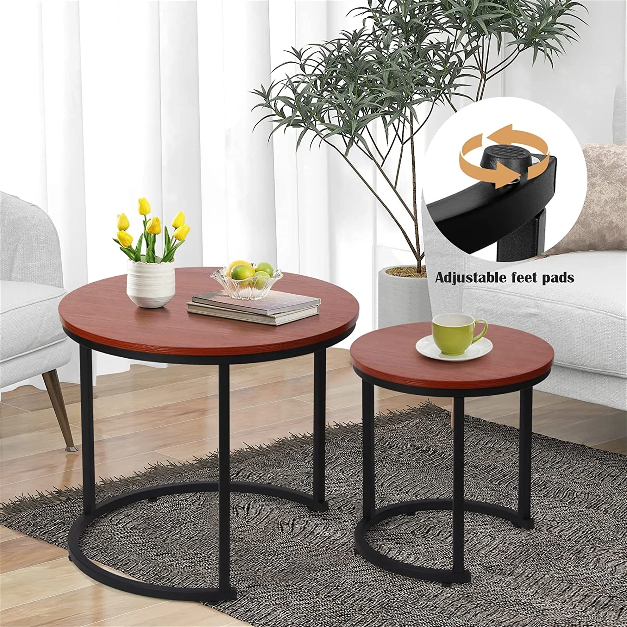 Modern Round Nesting Tables with Metal Frame (Set of 2) (White & Black)