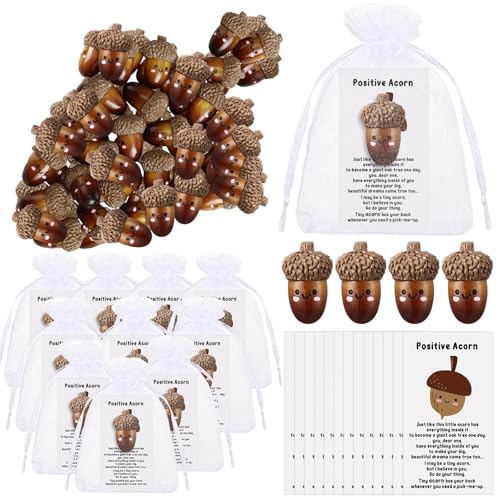 Huwena 100 Set Thanksgiving Gift Bulk for Coworker Employee Fall Artificial Fake Resin Acorn Potato Pumpkin Decor Positive Card Appreciation Gift for Fall Goodie Bag Stuffer Party Favor (Acorn)