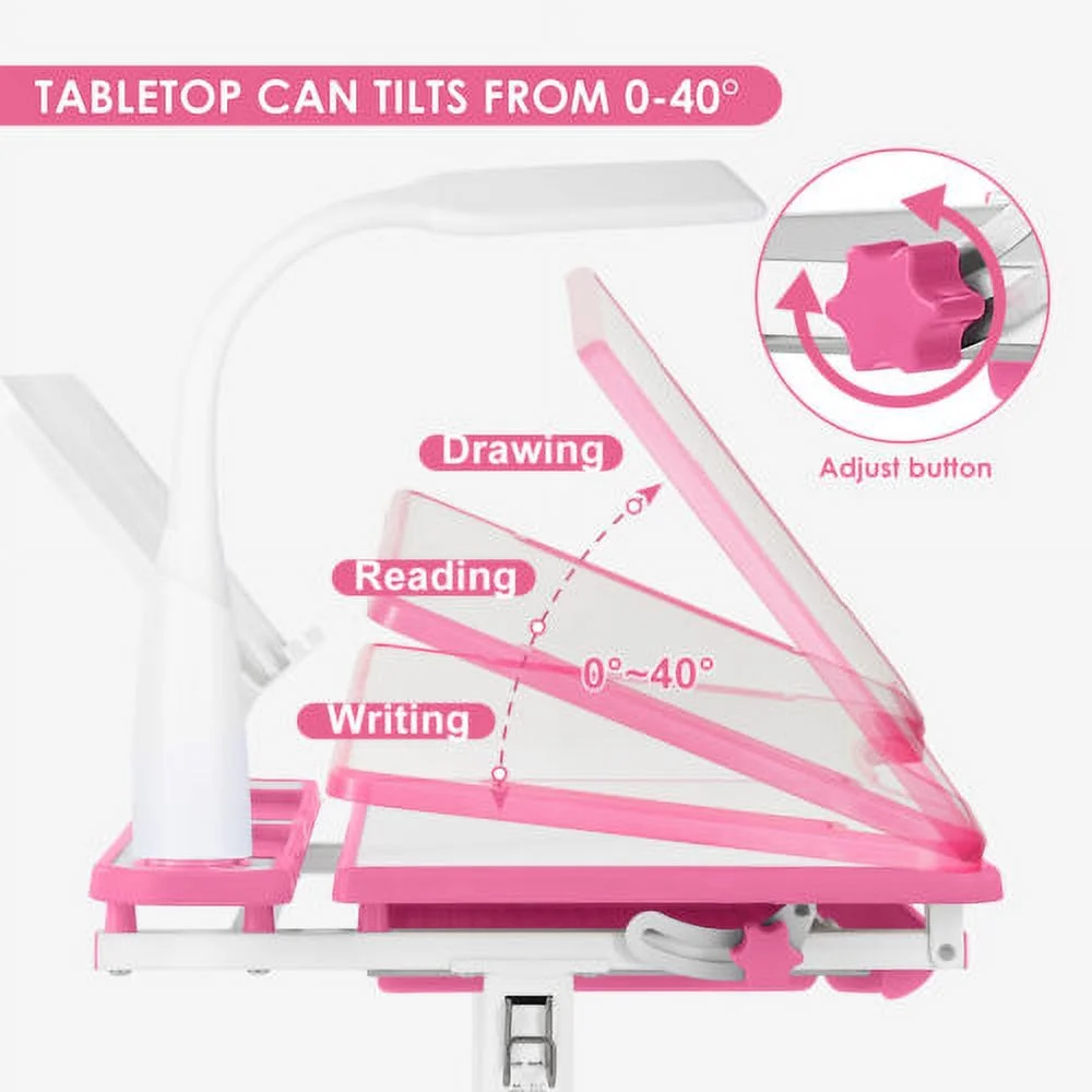 COSVALVE Height Adjustable Kids Study Desk & Chair Set Children Girl Table Large Writing Board Desk with LED Lamp,Drawer,Bookstand,Chair Cover(Pink)