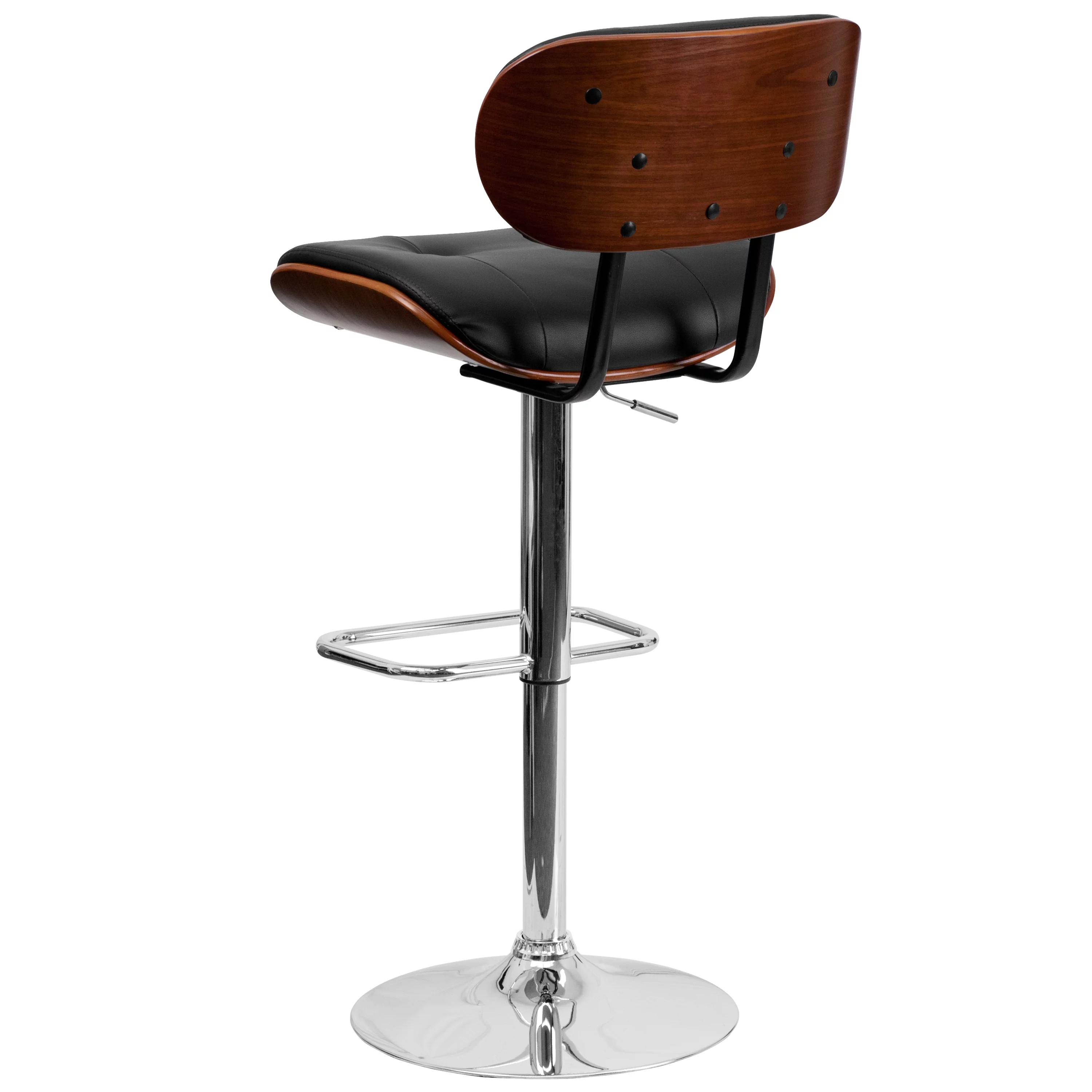 Flash Furniture Walnut Bentwood Adjustable Height Barstool with Button Tufted Black Vinyl Seat