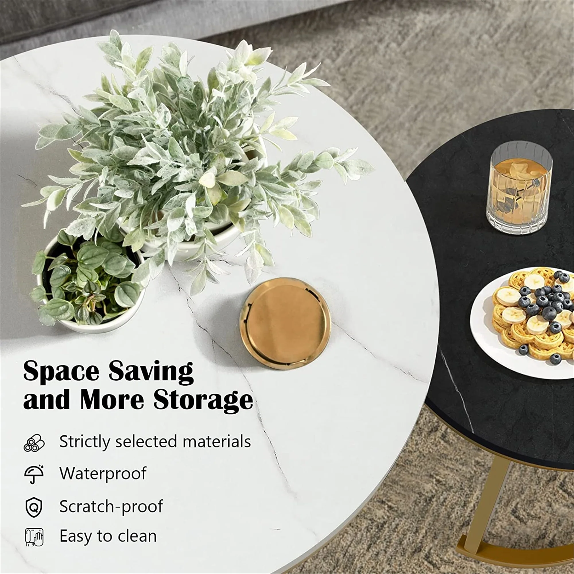 Modern Round Nesting Tables with Metal Frame (Set of 2) (White & Black)