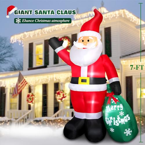 7 FT Christmas Inflatable Santa Claus Indoor Outdoor Decoration, Giant Blow up Santa Claus with Green Gift Bag, Built-in LED Lights for Patio Yard Garden Lawn Xmas Holiday Party Home Decor