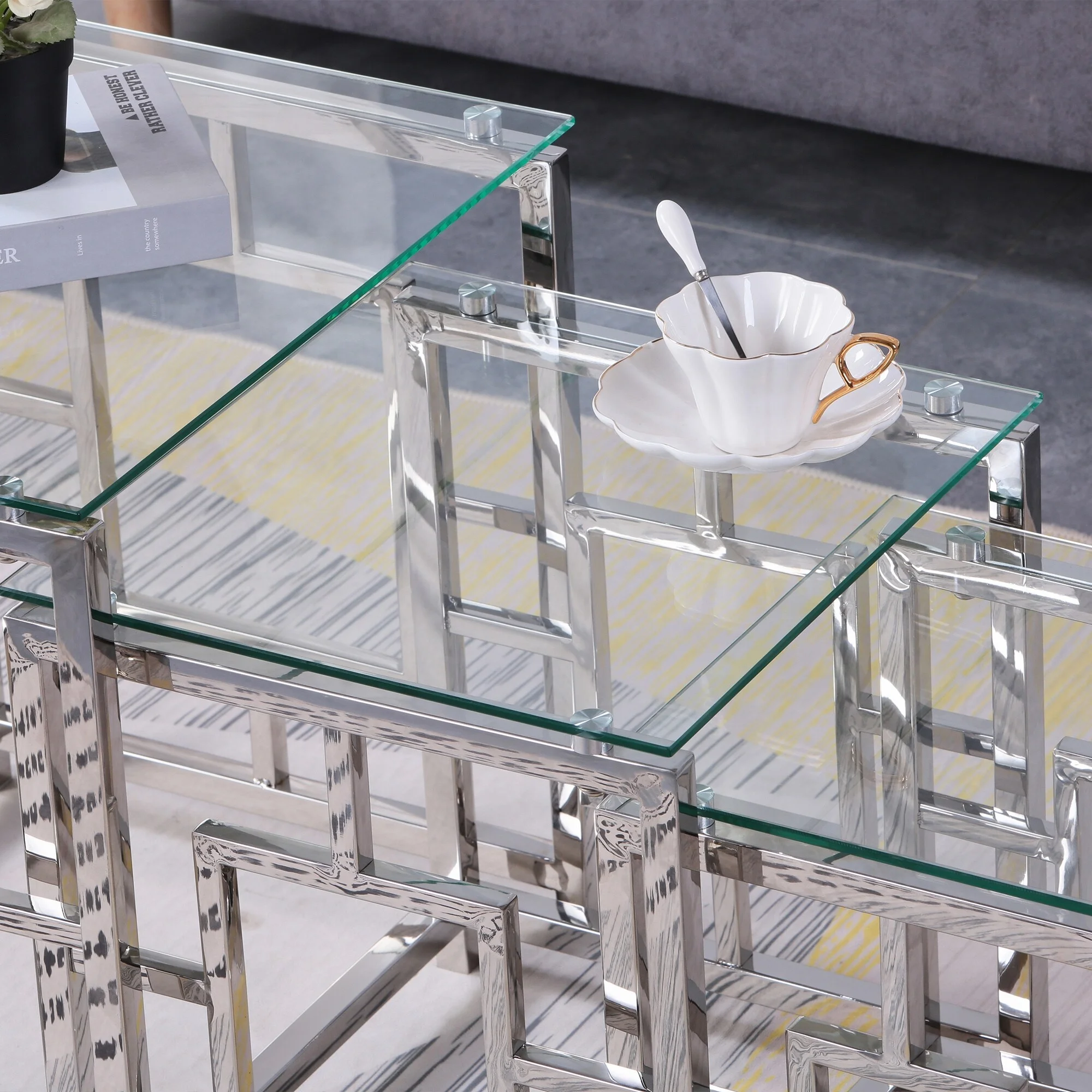 ANDEONLINE IN Set of 3 Metal Nesting Tables Glass End Tables