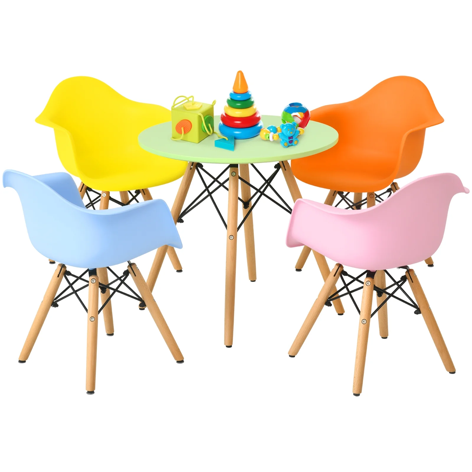 NOICOI 5-Piece Kids Dining Set Table, Compact Mid-Century Modern Table & Chair Set for Home, Apartment w/ 4 Chairs, Plastic Seats, Wooden Legs