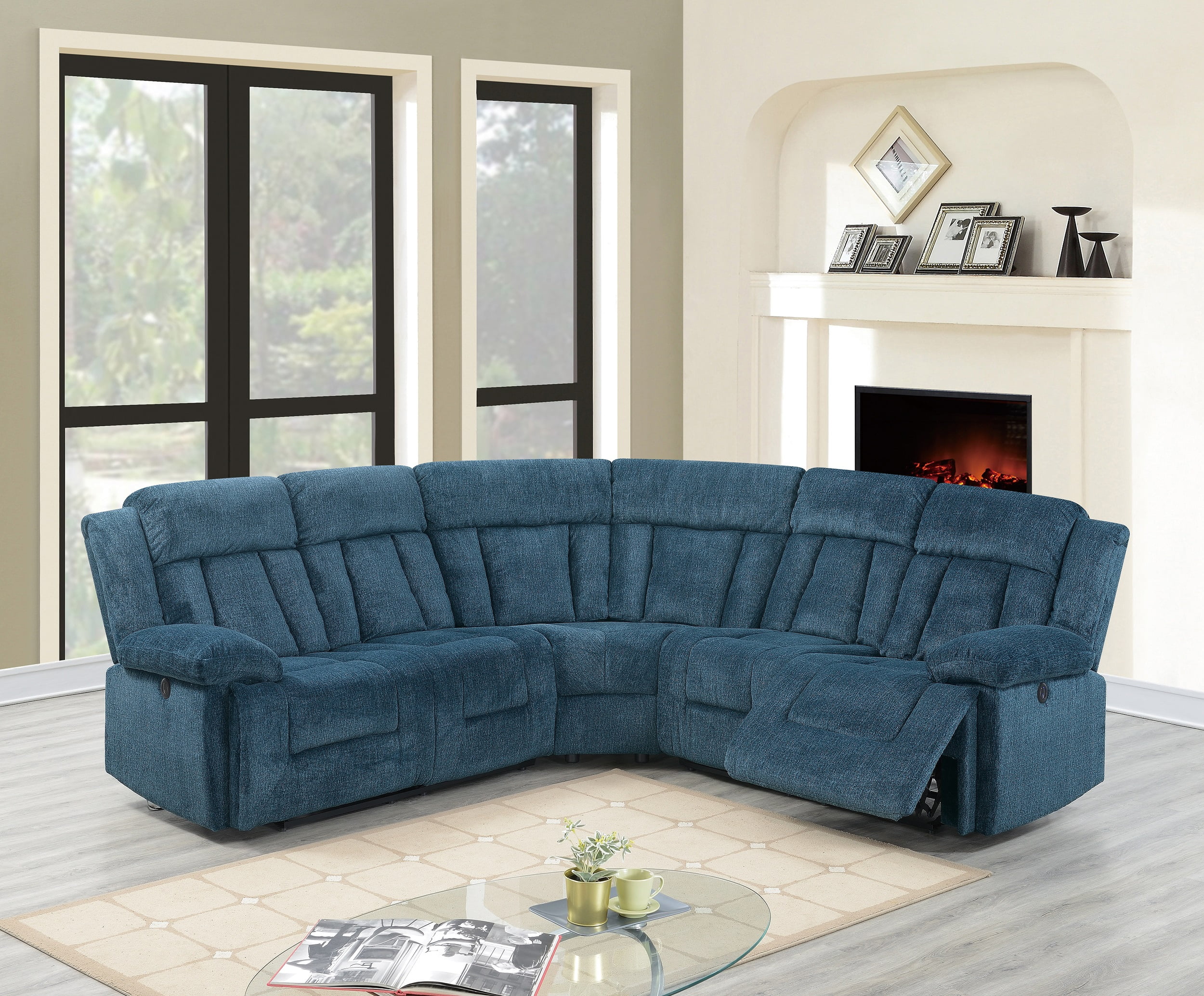Power Motion Reclining Unique Elegant Chenille Fabric Sectional Sofa set Dark Blue Metal Reclining Sectional Sofa Set 3pcs Set