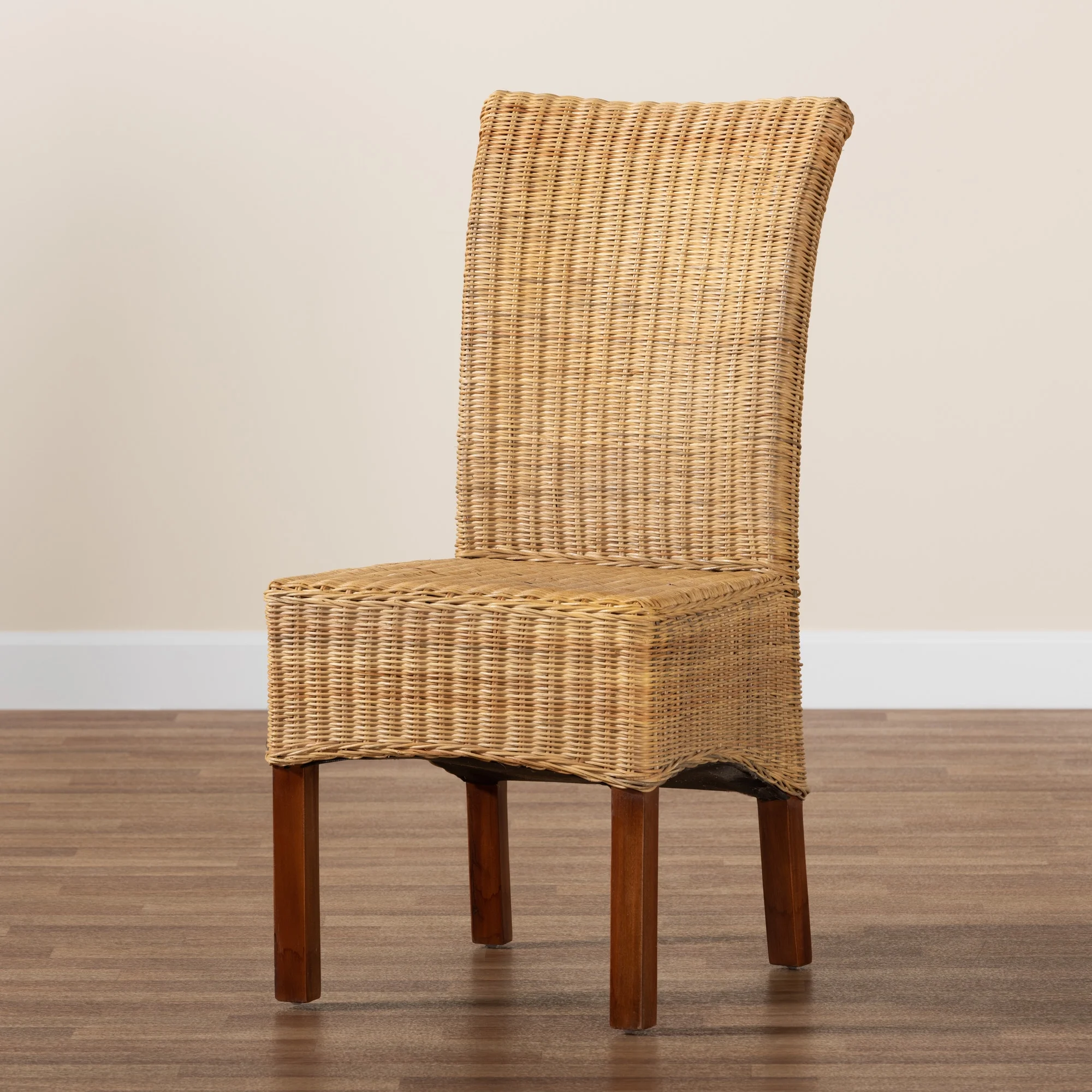 bali & pari Shamara Modern Bohemian Natural Rattan and Mahogany Wood Dining Chair