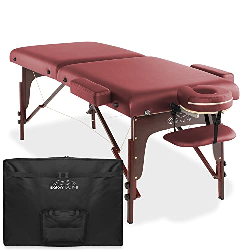 Saloniture Professional Portable Lightweight Bi-Fold Memory Foam Massage Table with Reiki Panels - Includes Headrest, Face Cradle, Armrests and Carrying Case - Burgundy