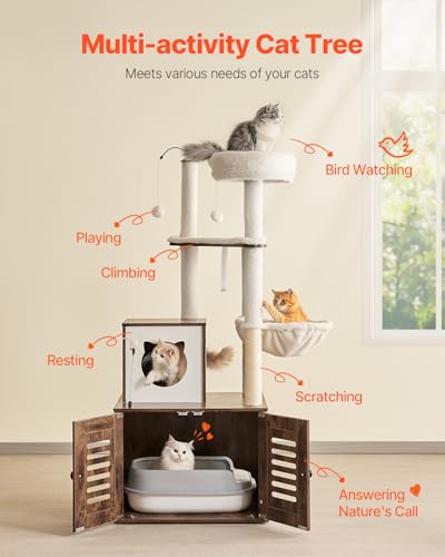 VEVOR Large Cat Tree with Litter Box Enclosure, 55.12 inches Tall, 2-in-1 Cat Tower, Multi-Level Cat Condo Furniture with Perches, Sisal Scratching Posts, Hammock, Big Kittens House for Indoor Cats