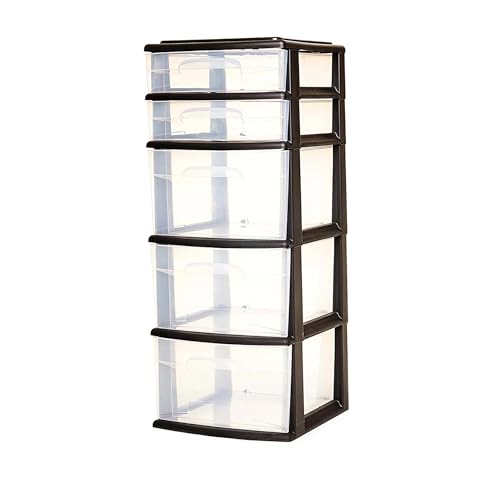 HOMZ Drawer Tower, 5-Tier Clear Plastic Storage Organizer, Black Frame