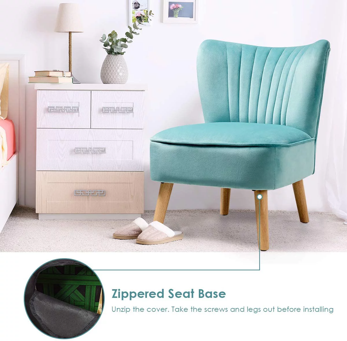 Velvet Accent Chair, Upholstered Modern Sofa Chair w/Wood Legs, Thickly Padded, Small Armless Wingback Club Chairs for Living Room Bedroom Furniture