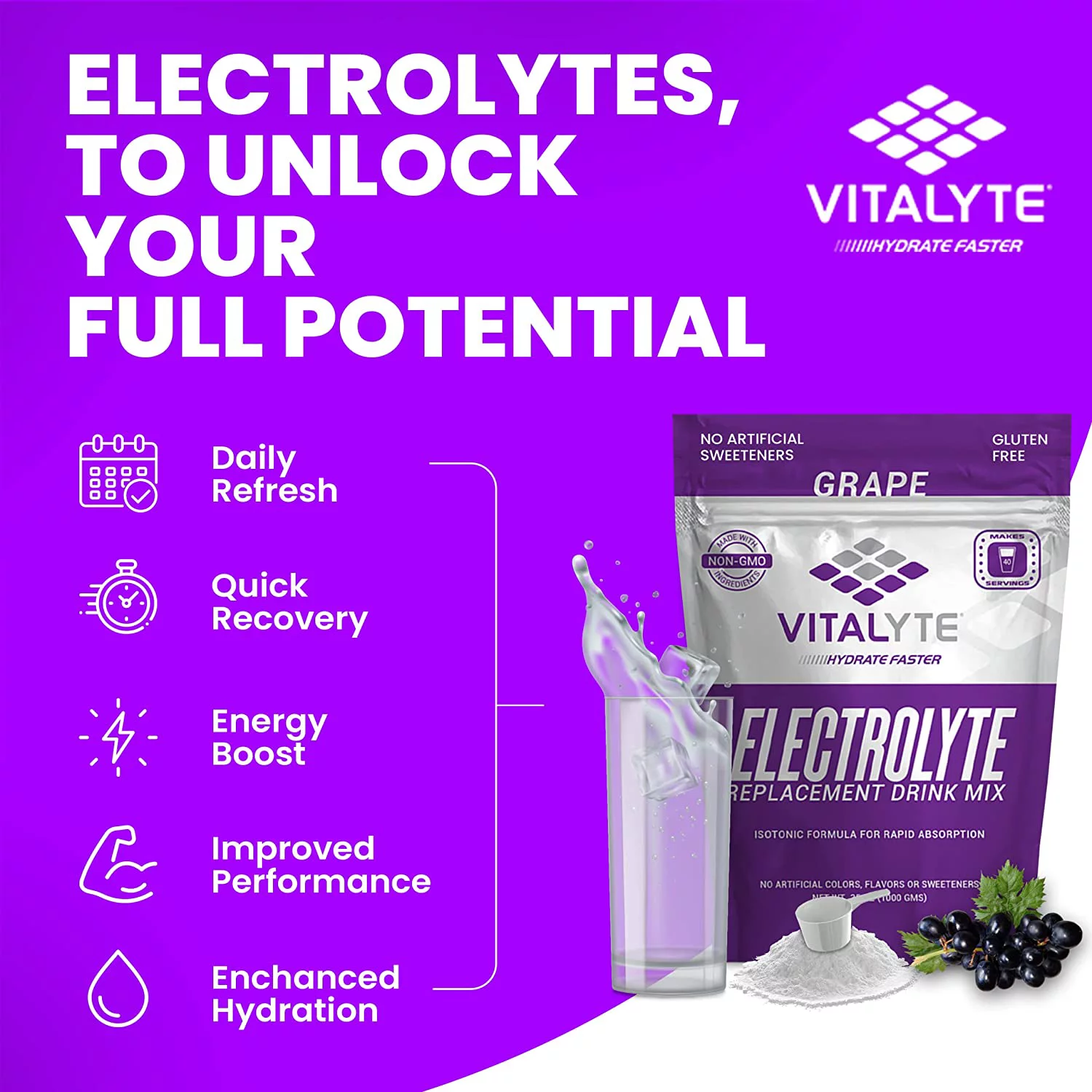 Vitalyte Electrolyte Replacement Powder Drink Mix, 40 16 Ounces per Serving (Grape)