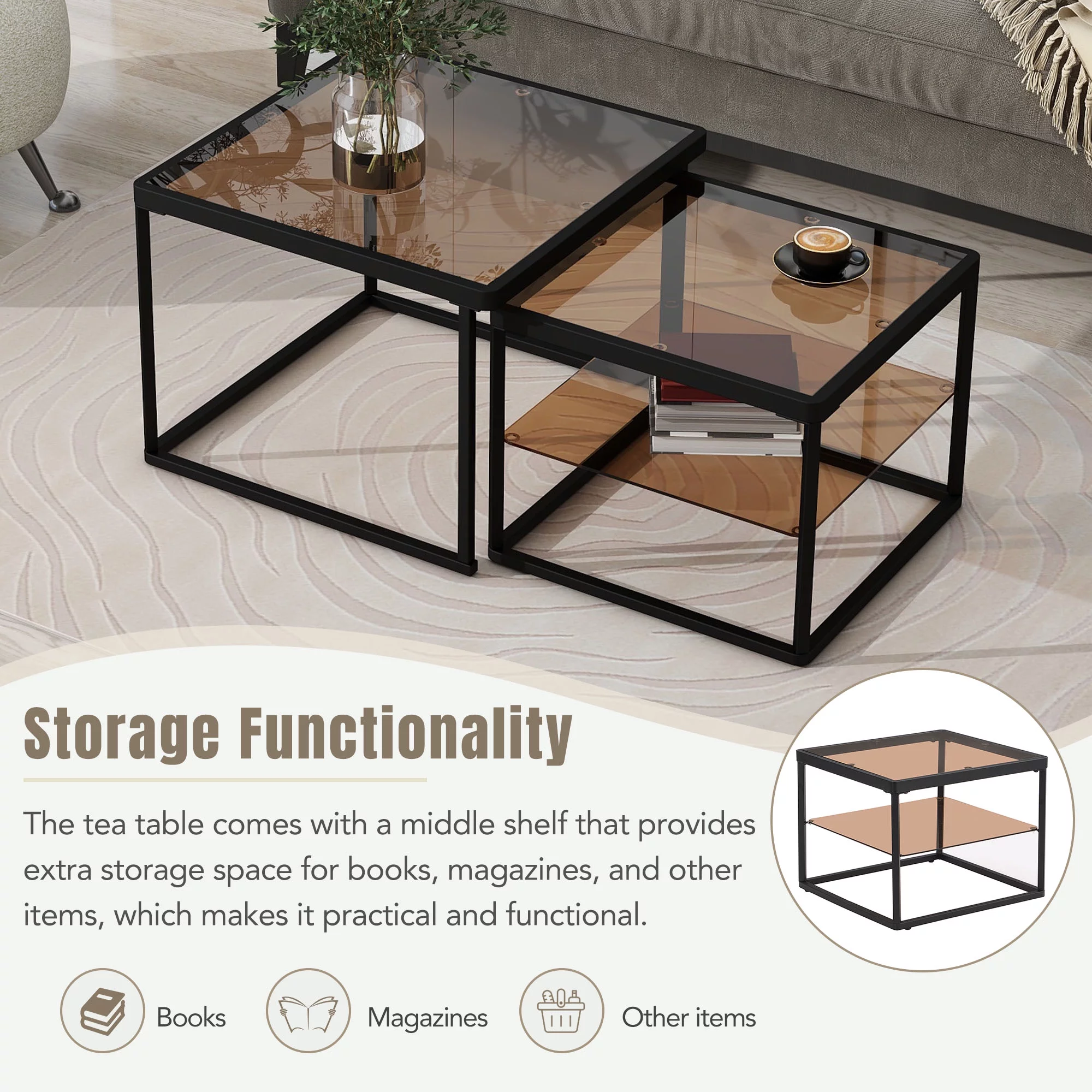 Coffee Table, ON-TREND Modern Nested Coffee Table Set with High-low Combination Design, Brown Tempered Glass Cocktail Table with Metal Frame, Length Adjustable 2-Tier Center&End Table, Black