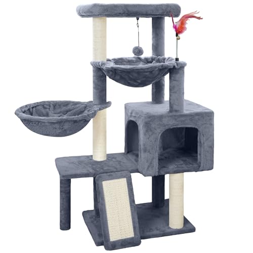 Cat Tree with Cat Condo and Two Hammocks, Cat Tree with Scratching Posts and Scratching Pads, Cat Tower for Indoor Cats, Activity Centre Climbing Tree with Playful Toy Balls, Grey