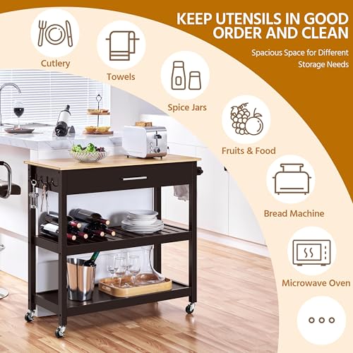 Yaheetech Kitchen Island Cart on Wheels with Bamboo Tabletop, 3-Tier Rolling Kitchen Island Microwave Cart with Drawer, Detachable Towel, 3 Hooks, 17