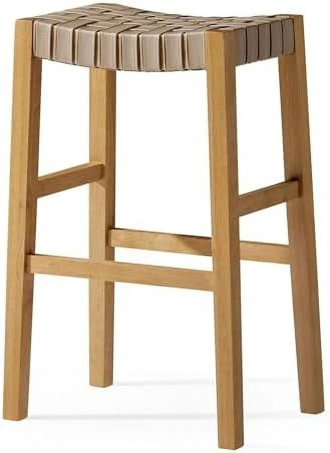 YZboomLife Emerson 31 Inch Tall  Height Backless Saddle Barstool in Weathered Natural Wood Finish with  Bone Vegan Leather Seat