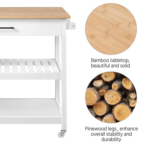 Yaheetech Kitchen Island Cart on Wheels with Bamboo Tabletop, 3-Tier Rolling Kitchen Island Microwave Cart with Drawer, Detachable Towel, 3 Hooks, 17