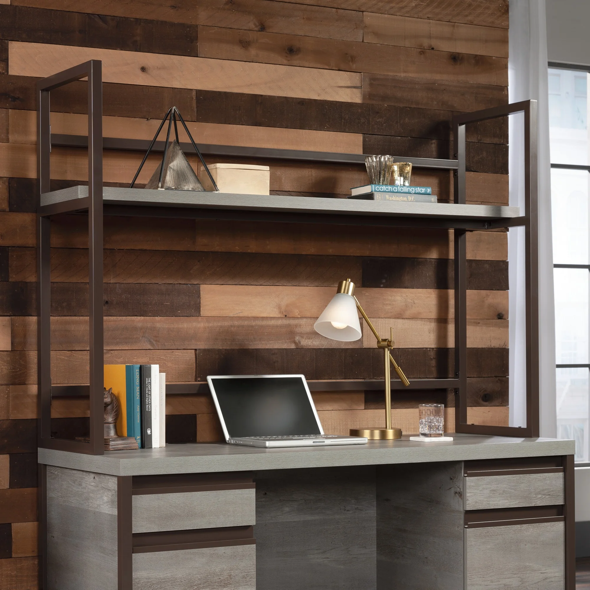 Sauder Manhattan Gate Engineered Wood and Metal Computer Hutch in Mystic Oak