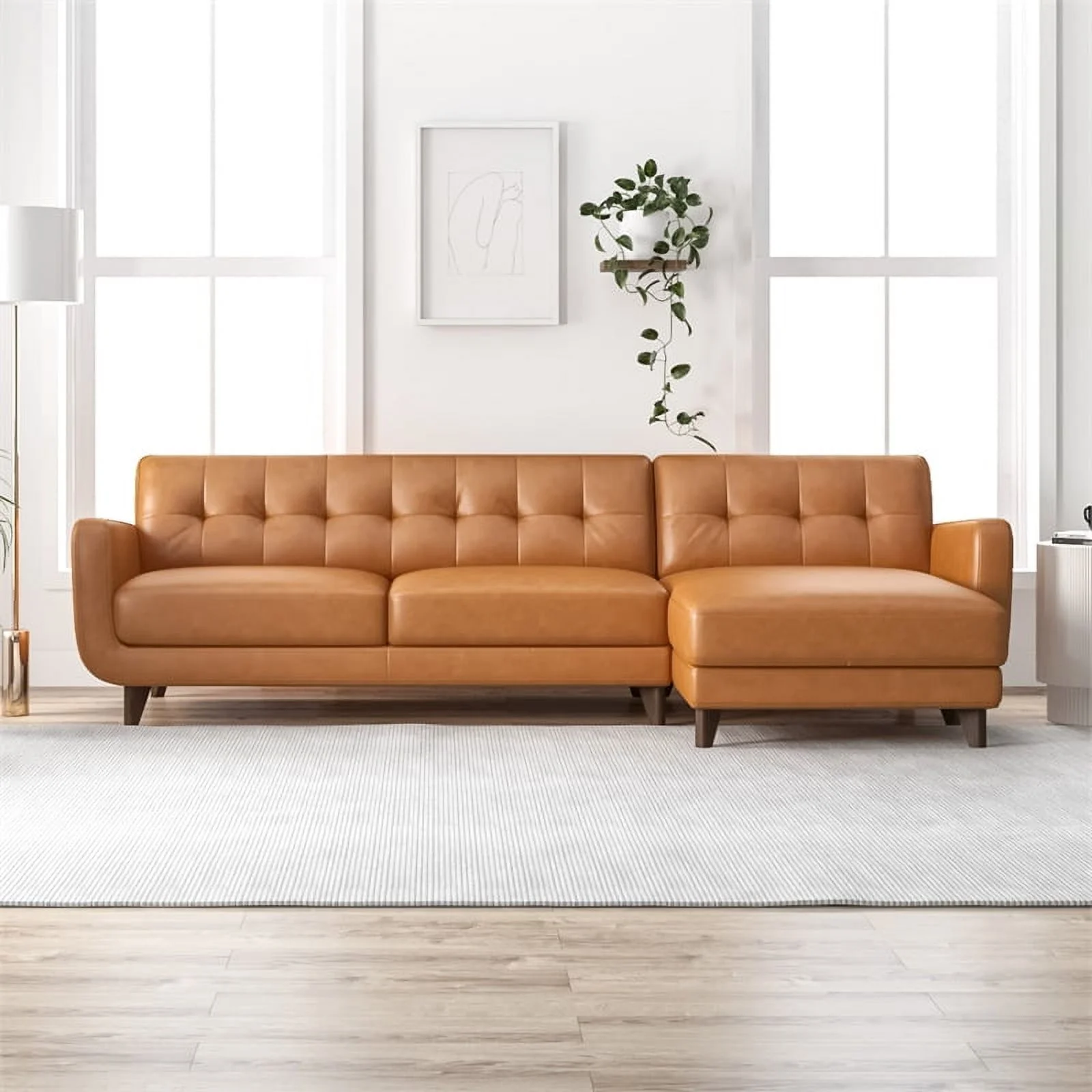 Pemberly Row Mid-Century L-Shaped Leather Right-Facing Sectional in Brown