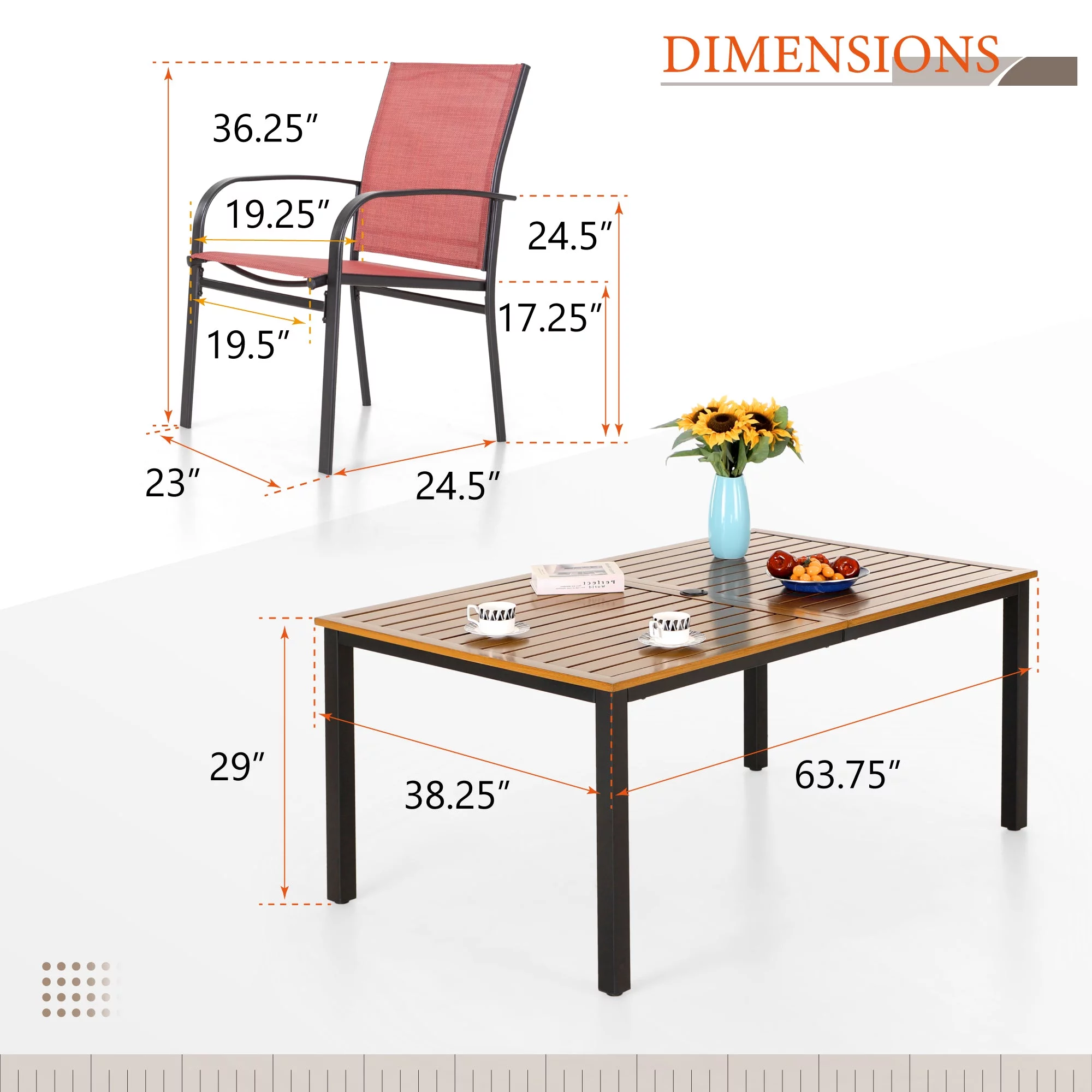 Sophia & William 7 Piece Patio Dining Set Teak Dining Table and 6 Red Textilene Chairs