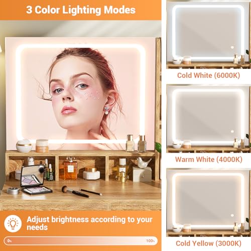 Small Vanity Desk, Vanity Desk with Mirror and Lights, Makeup Vanity Desks with Power Strip, Vanity Table with Drawers and Shelves, Adjustable Lighting, Dressing Table for Bedroom Dressing Room, Black