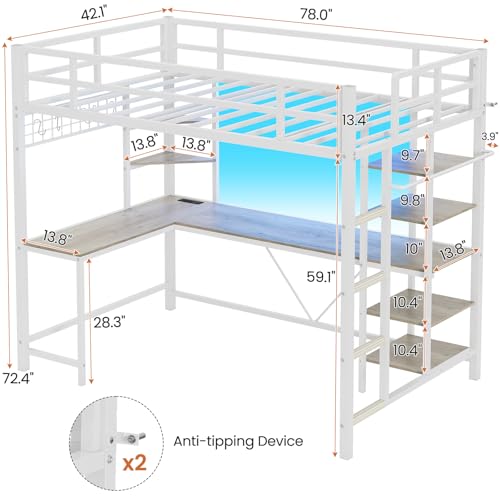 MSmask Loft Bed Twin Size with L Shaped Desk, LED Lights, Charging Station, Heavy Duty Metal Loft Bed Frame with 6 Storage Shelves, Safety Guard & Ladder, No Box Spring Needed, No Noise, Black