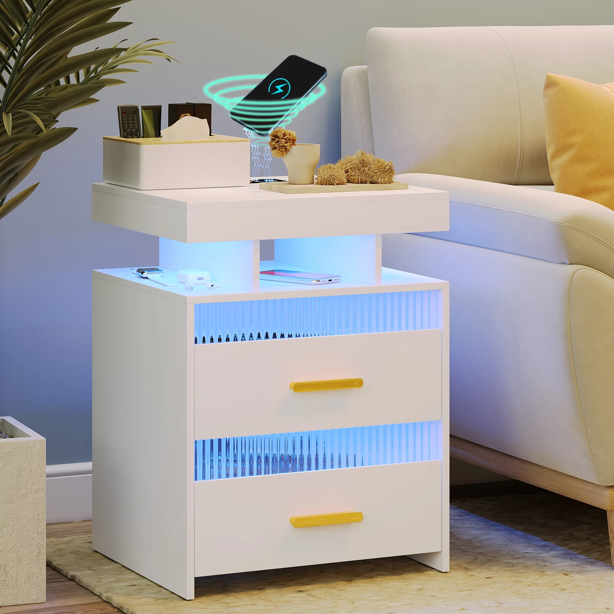 Modern RGB Smart Nightstand with Wireless Charging Station, USB Port - LED Nightstand Table for Bedroom Furniture - 2 Drawers & Open Storage Shelf - Home Office End Side Cabinet, White