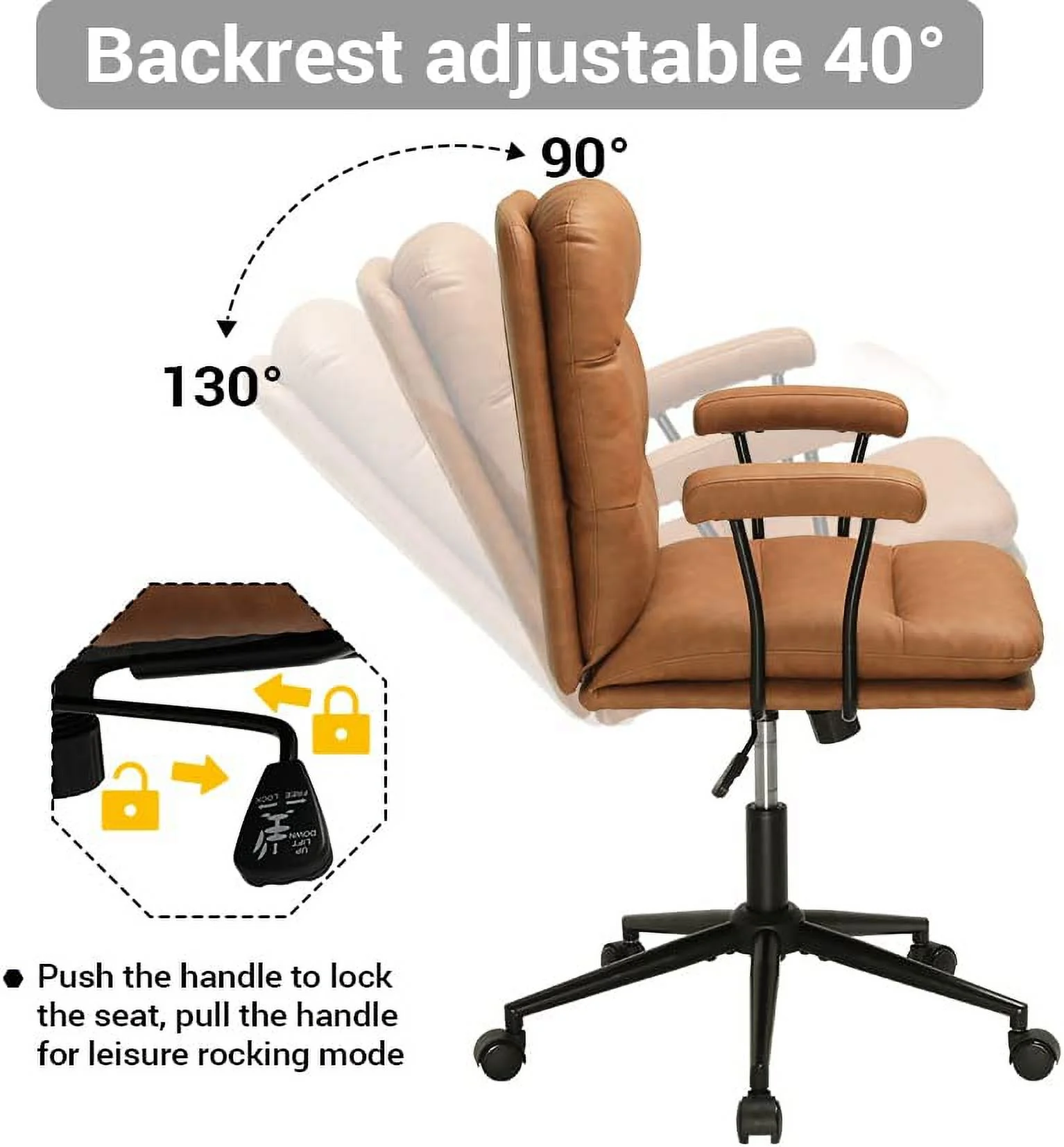 YOJFOTOOU. Leather Office Chair Brown Desk Chair Mid Century Home Office Desk Chair with Arms, Adjustable Back 40°, Capacity 400lbs