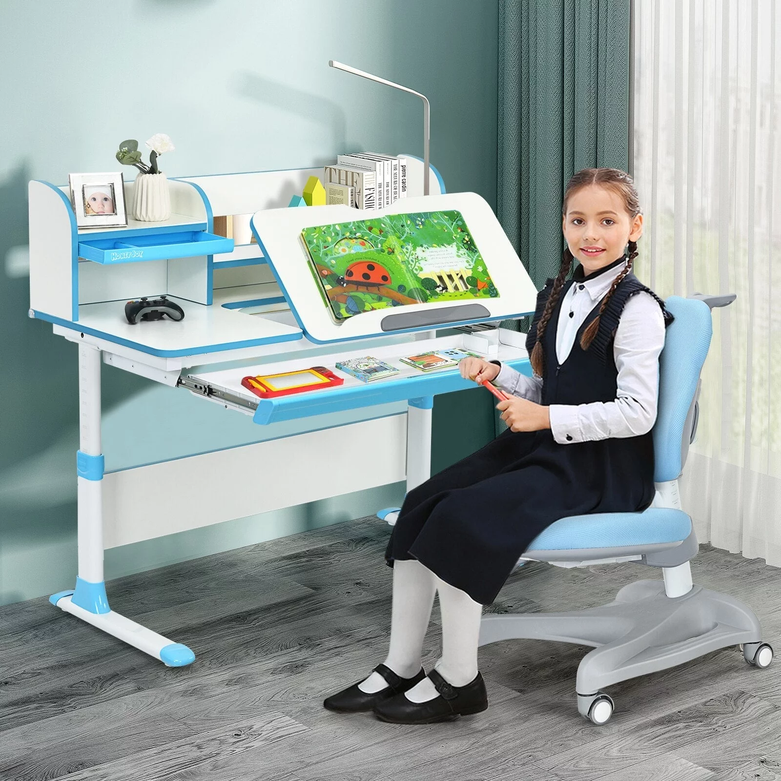 Blue Adjustable Kids Study Desk Drafting Table Chair Set w/ Bookshelf