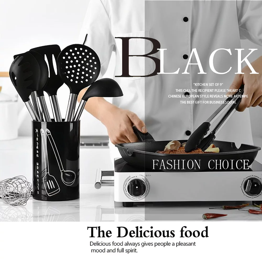 Htovila Kitchen Utensils Set 8Pcs Silicone Non-stick Barreled Cooking Utensils Stainless Steel Handle Silica Gel Utensil Kitchenware Set