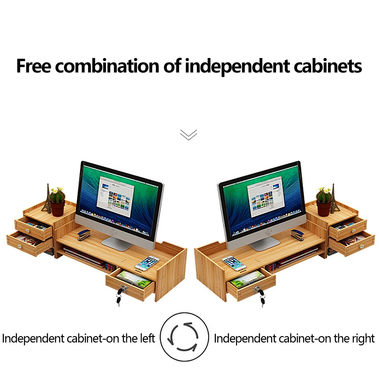 Miumaeov Wood Computer Stand Desktop Storage Drawer Rack Office Organizer