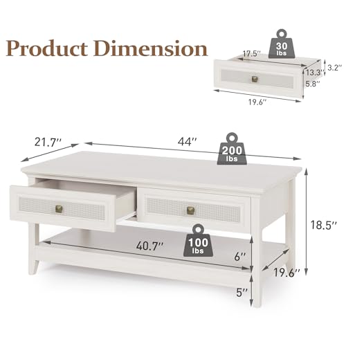 Farmhouse Coffee Table, Boho Tea Table with 2 Rattan Decor Drawers, Accent Center Sofa Table with Storage Shelf, 2 Tier Coffee Table for Living Room, Bedroom, Home Office, Grayish White