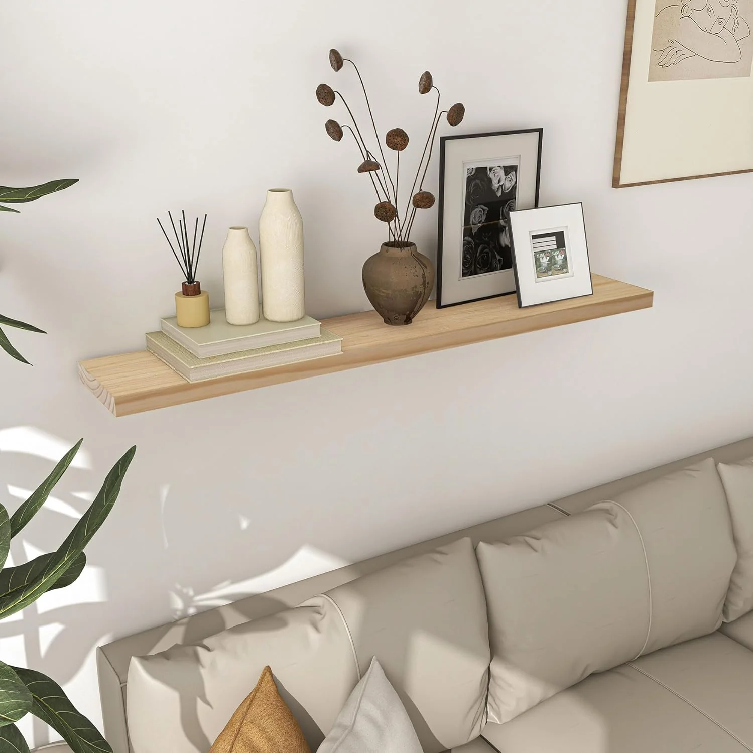 48 Inch Fireplace Mantel - 8 Inch Deep Rustic Premium Solid Pine Wood Floating Shelf - Farmhouse Wall Mounted Display Shelf - Heavy-Duty Metal Bracket - 48