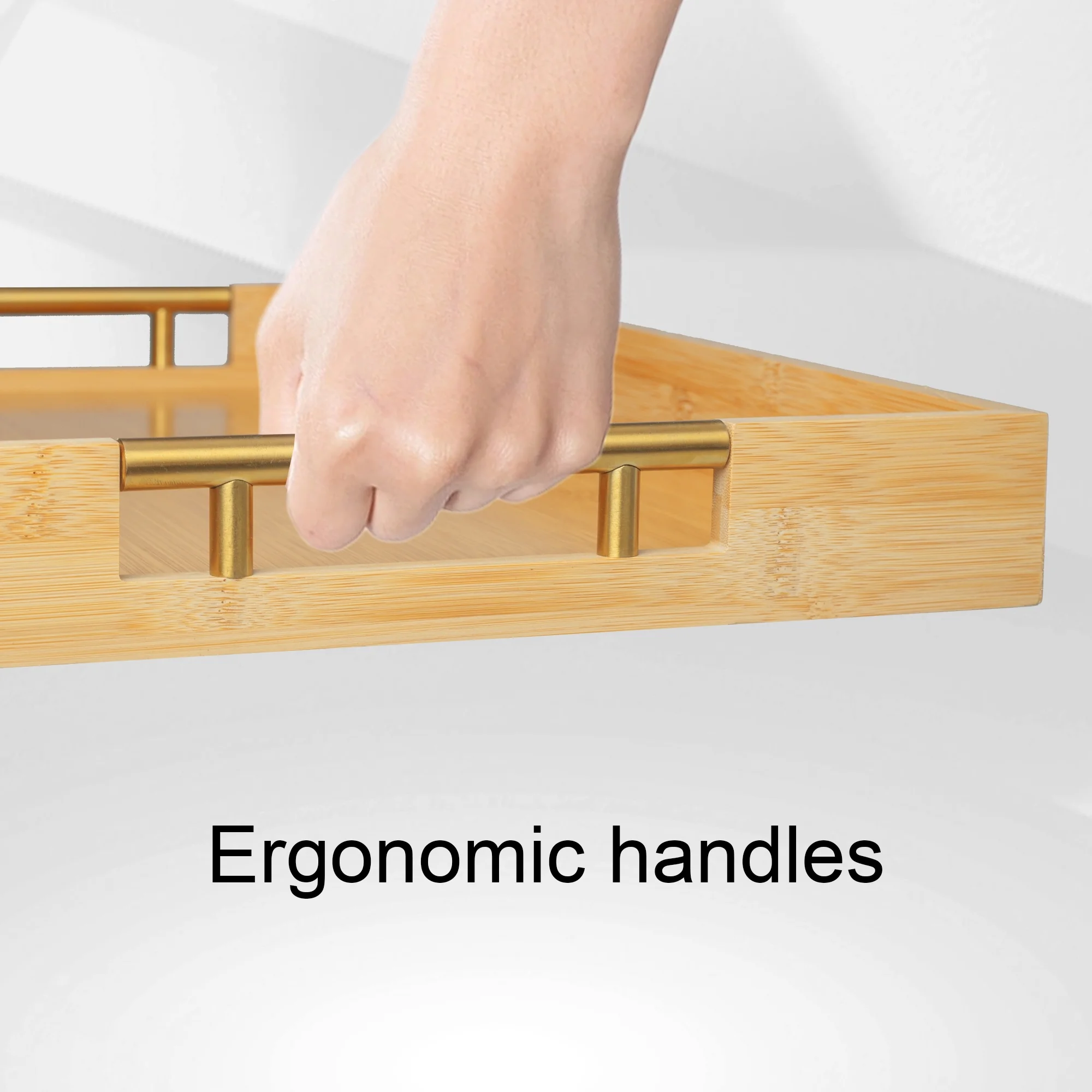 MinBoo Modern Bamboo Serving Trays with Metal Handles – Wooden Ottoman Trays for Entertaining & Serving Food - Natural Color