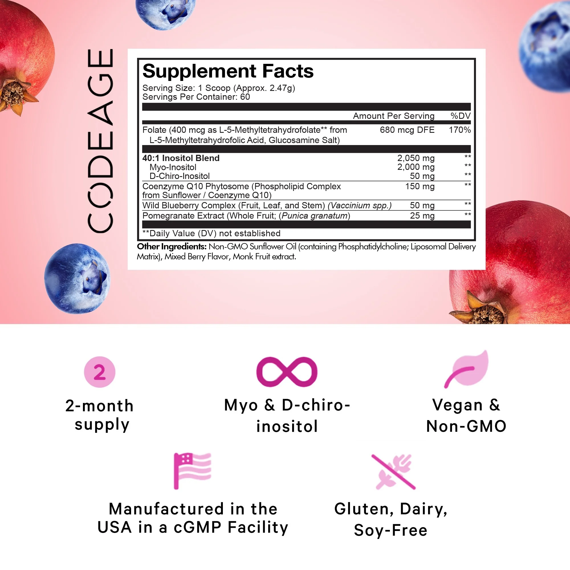 Codeage Liposomal Ovarian Inositol Powder, Myo & D-Chiro-Inositol, Folate, CoQ10 Phytosome, 5.2 oz