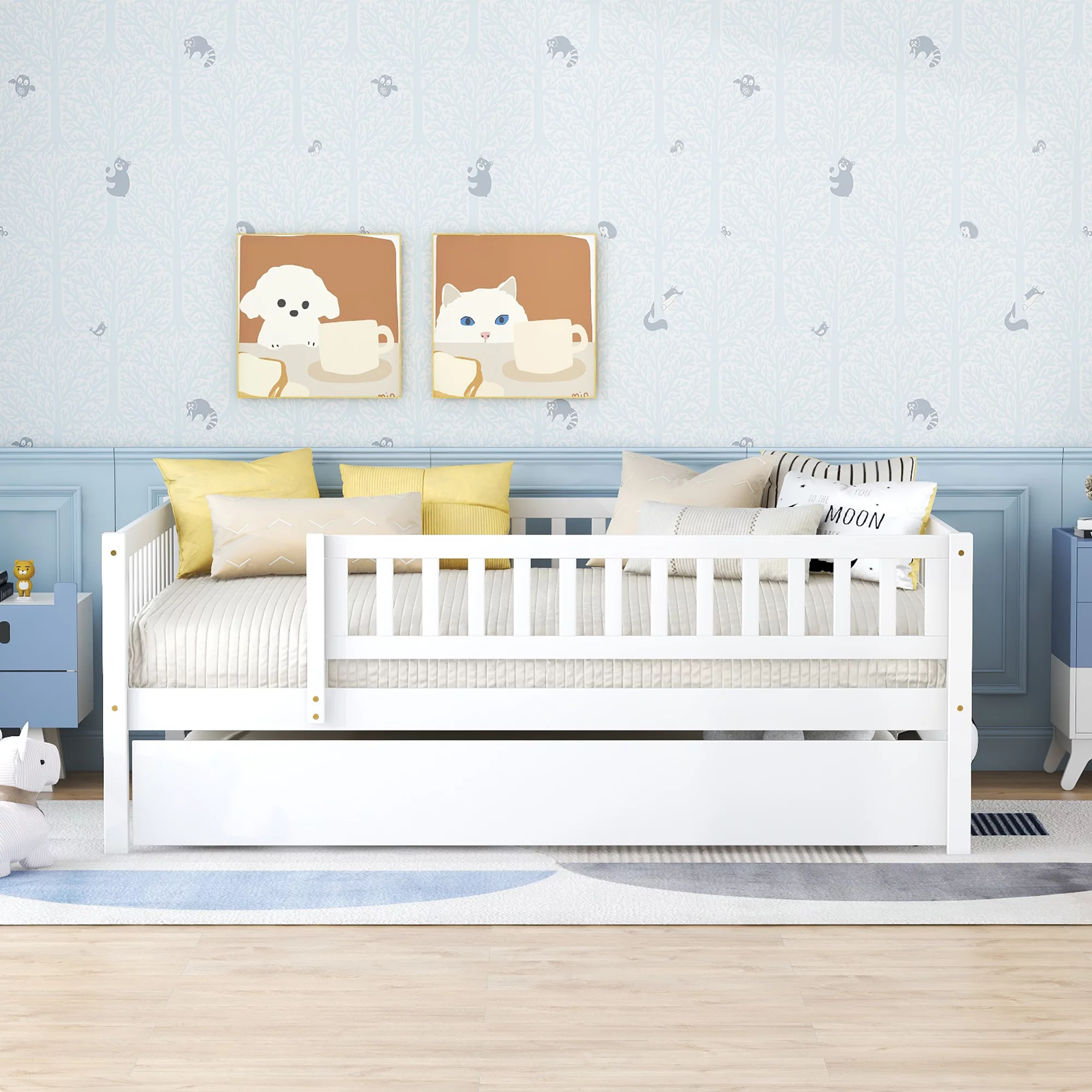 Bellemave Full Daybed Frame with Trundle Bed Full Wood Platform Bed with Fence Guardrails for Kids, Boys, Girls, Teens, No Box Spring Needed, Full Size, White