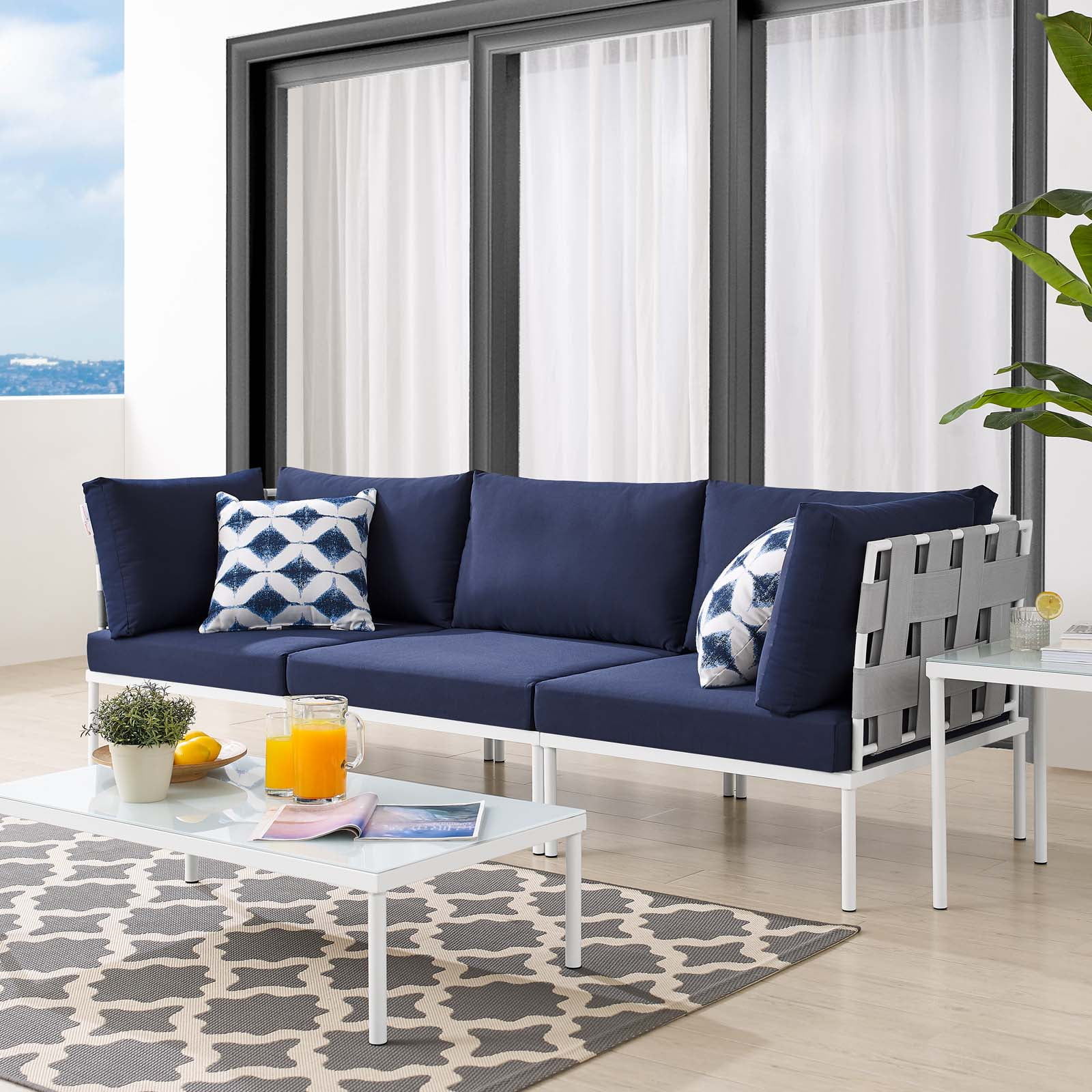 Lounge Sofa, Sunbrella, Aluminum, Metal, Steel, Grey Gray Blue Navy, Modern Contemporary Urban Design, Outdoor Patio Balcony Cafe Bistro Garden Furniture Hotel Hospitality