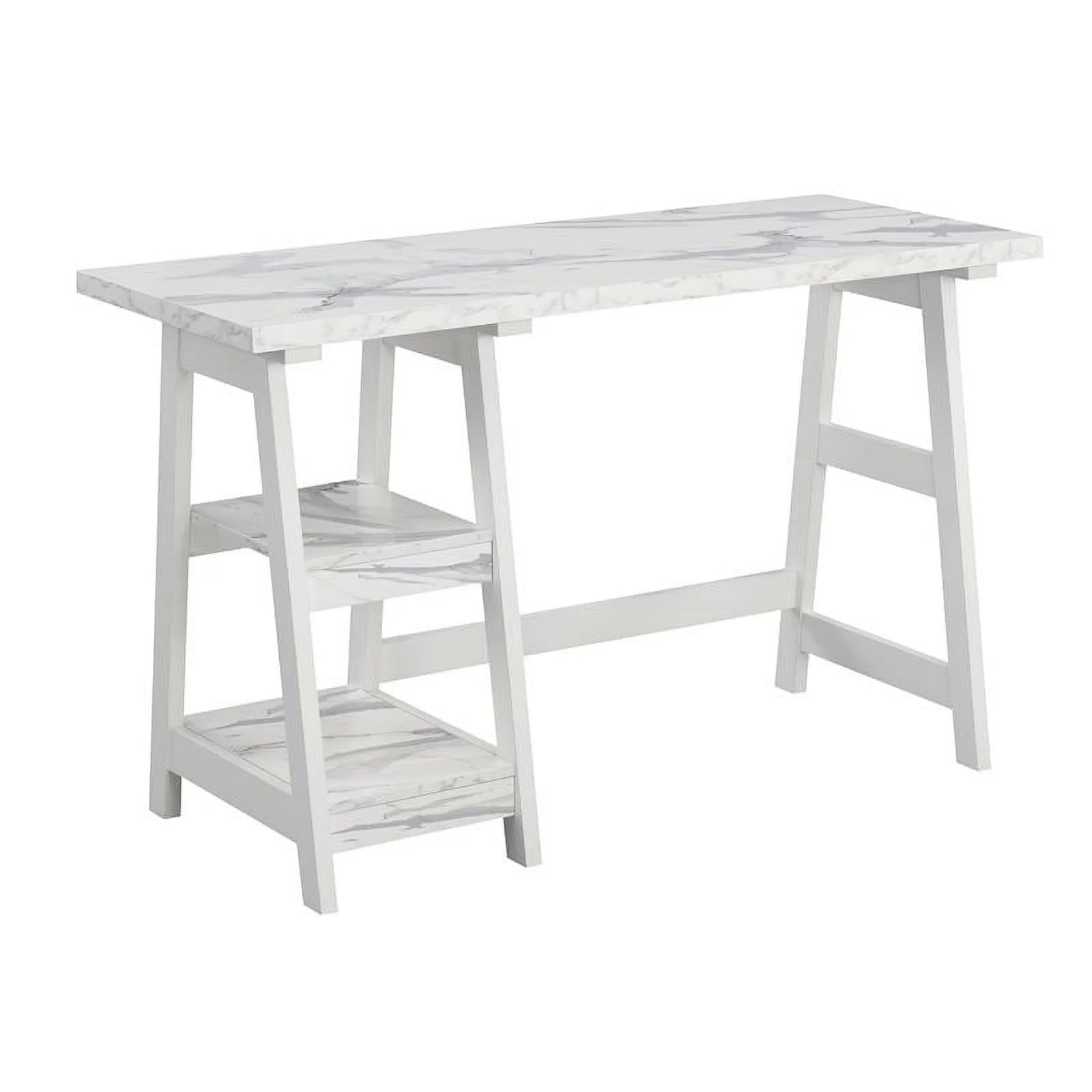 UrbanPro Contemporary Trestle Desk with Shelves in White Faux Marble Wood Finish