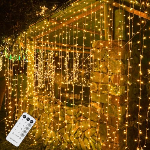 WATERGLIDE 300 LED Curtain Lights, Remote Control Christmas Decorative Hanging String Lights, 8 Lighting Mode, Plug in for Indoor Outdoor Holiday Party Garden Backdrop Wedding Home Decor, Multicolor
