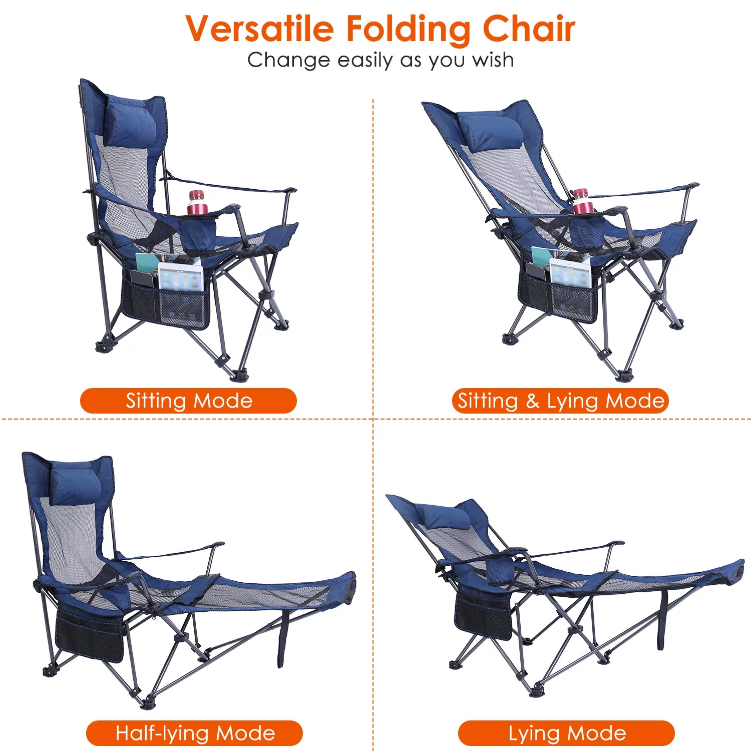 Reclining Camping Chair, iMounTEK Heavy Duty Steel Lawn Chair with Cup Holder Pillow Side Pocket Carry Bag, 330lbs Capacity