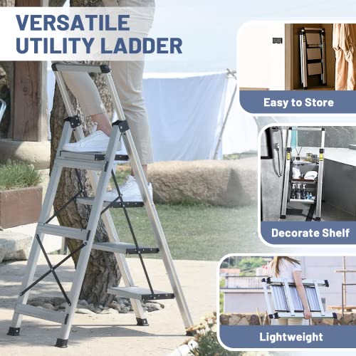 XinSunho 5 Step Ladder, Retractable Handgrip Folding Step Stool with Anti-Slip Wide Pedal, Aluminum Stool Ladders 5 Steps, 330lbs Safety Household Ladder