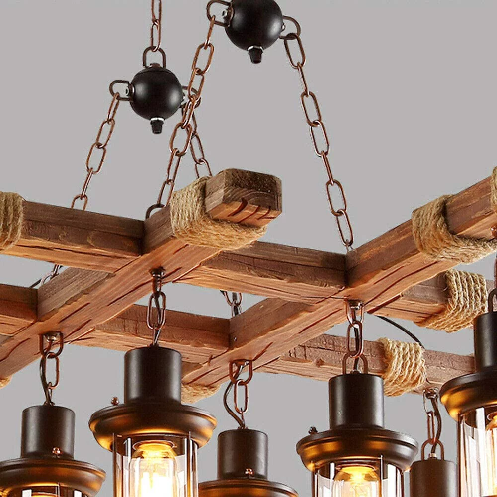 OUKANING 8-Light Farmhouse Chandelier, Retro Iron Wooden Frame Industrial Pendant Light Rustic Antique Ceiling Lamp Lighting Fixtures
