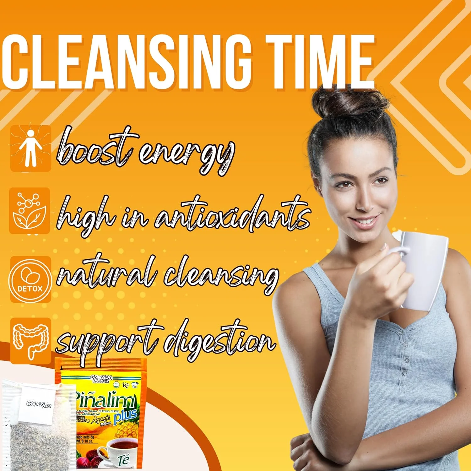 Pinalim Plus Tea Enhanced with Aguaje Peruano and Artichoke Heart la formula Alcachofa Mas Fuerte Healthy Antioxidant Formula, Caffeine Free All Natural Cleanse Digestive Tea - Pack of 2