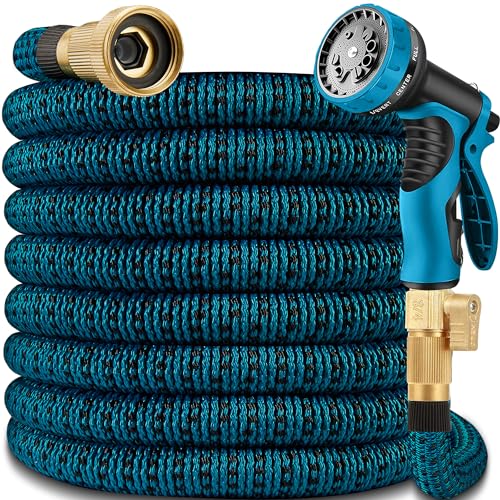 50 ft Expandable Garden Hose - 2025 New Kink Free Flexible Water Hose 50ft with 10 Pattern Spray Nozzle, 3/4 Solid Brass Connectors, Retractable Latex Core - Lightweight Expanding Hose