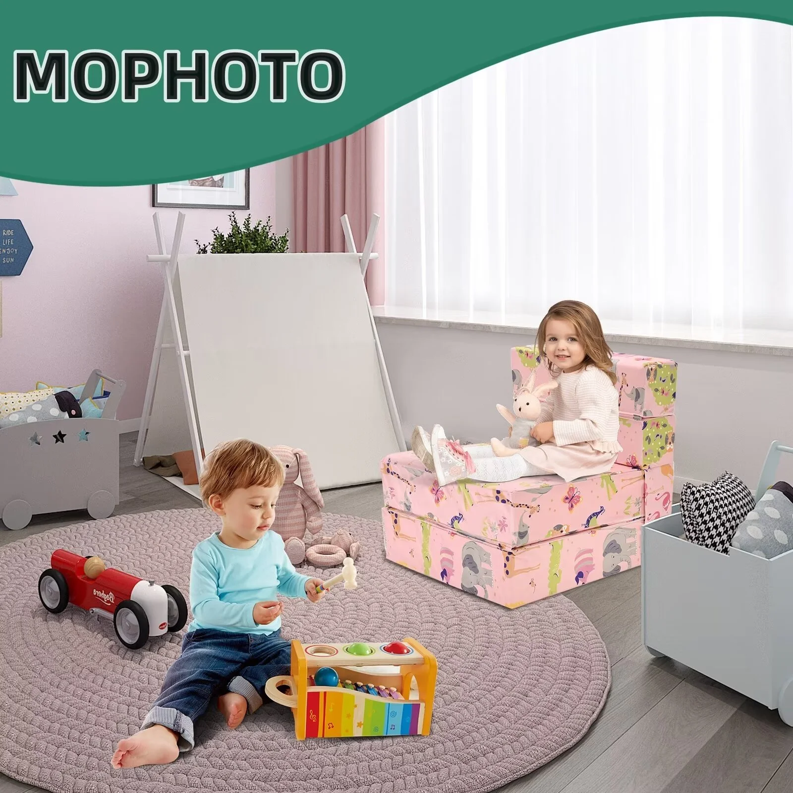 MOPHOTO Furniture Kids Fold Out Couch 2-in-1 Children Convertible Sofa to Lounger with Soft Plush Fabric, Toddler Couch Chair (Pink)