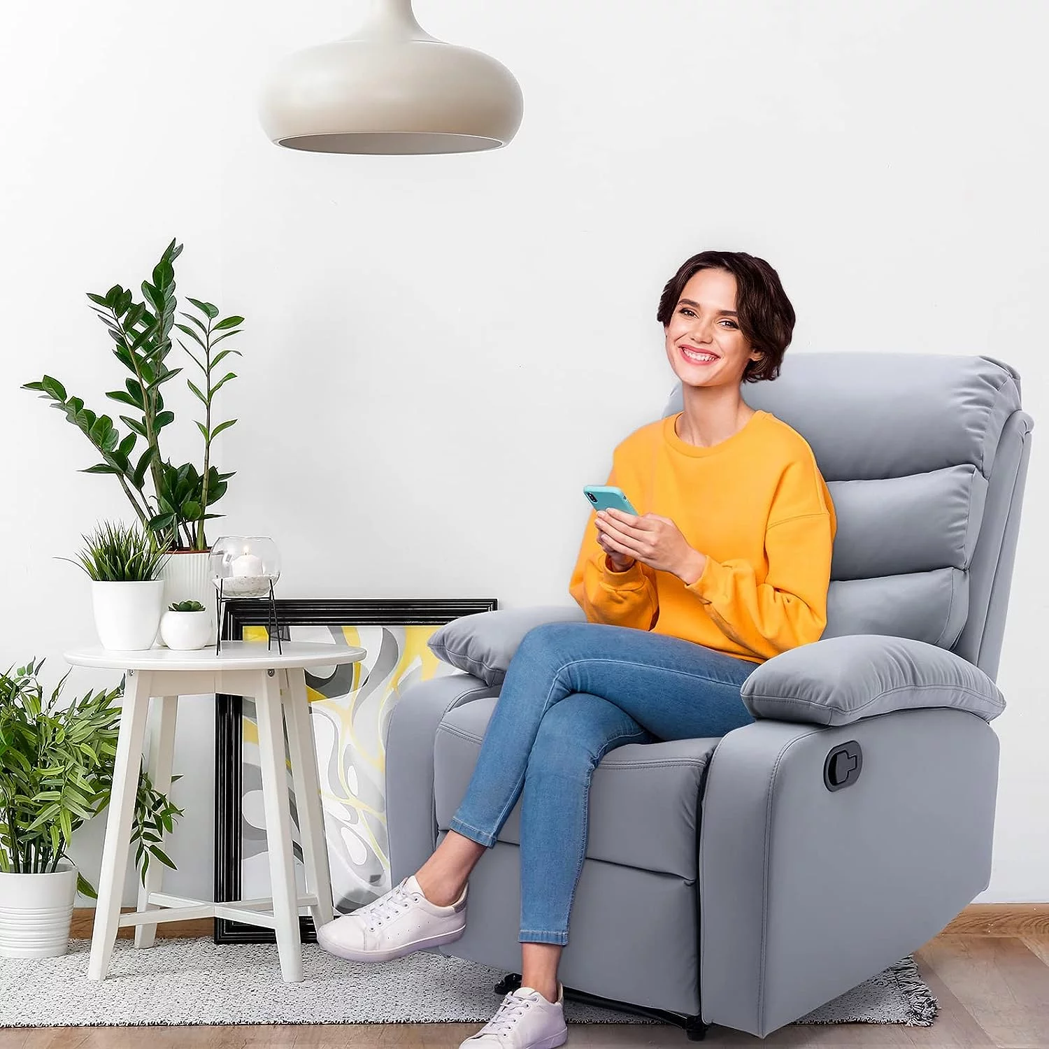 hzlagm Manual Recliner Chairs for Adults with Safety Reclining Easy to Operate Footrest & Headrest Mechanism for Bedroom, Living Room, RV - Light Gray